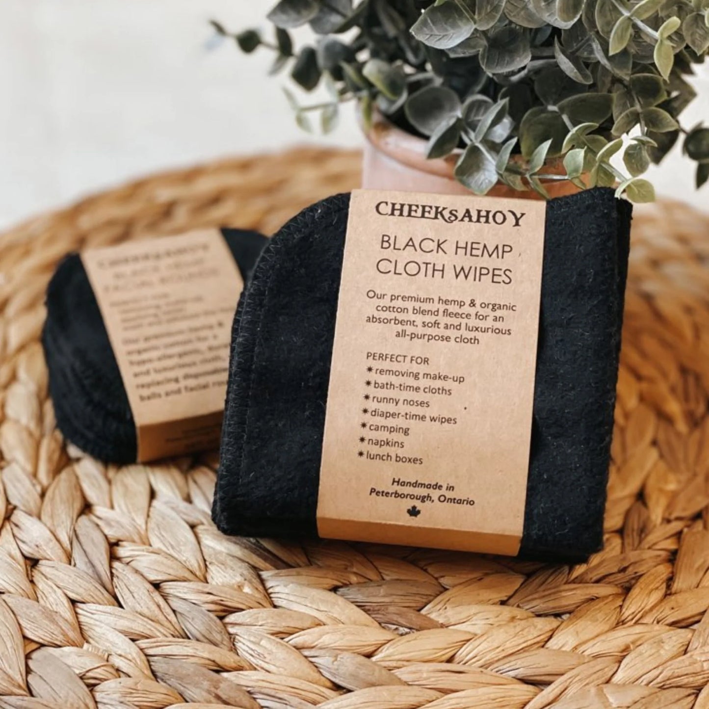 Cheeks Ahoy Black Hemp Reusable Wipes set of 5, 1 ply, 8"x8", hemp and organic cotton blend fleece